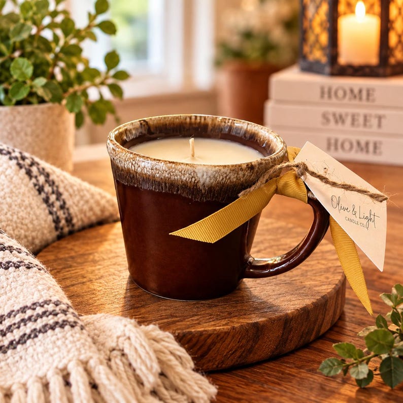 May include: A brown ceramic mug candle with a white wax fill and a single wick. The rim features a textured, lighter brown drip glaze. A mustard yellow ribbon is tied around the handle, holding a white tag printed with Olive & Light Candle Co.
