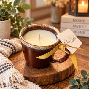 May include: A brown ceramic mug candle with a white wax fill and a single centered wick. A yellow ribbon is tied to the handle, holding a square white tag printed with the text Olive & Light Candle Co. The mug features a dark brown glaze.