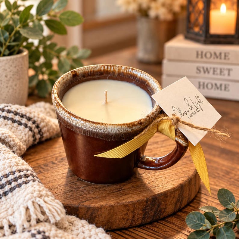 May include: A brown ceramic mug candle with a white wax fill and a single centered wick. A yellow ribbon is tied to the handle, holding a square white tag printed with the text Olive & Light Candle Co. The mug features a dark brown glaze.