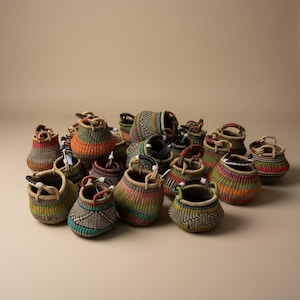 Handwoven Ghana Pot Basket | Multi-Color Elephant Grass Storage with Leather Handle