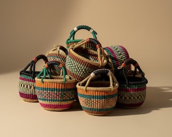Handwoven Small Round Bolga  Basket- Vibrant Multi-color Woven Decorative Bowl - Artisan Boho Home Decor
