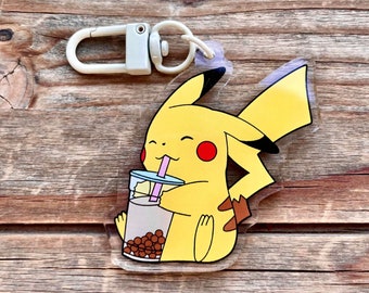 Pikachu Drinking Boba Milk Tea 2 Inch Acrylic Keychain Charm