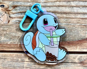 Squirtle Drinking Boba Milk Tea 2 Inch Acrylic Keychain Charm