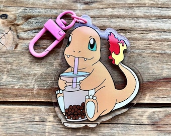 Charmander Drinking Boba Milk Tea 2 Inch Acrylic Keychain Charm