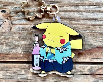 Pikachu Drinking Sake  2 Inch Acrylic Keychain Charm