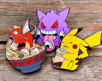 Pokemon and Food Hard Enamel Pin Set of 3 - Onigiri Gengar, Boba Pikachu, and Ramen Magikarp