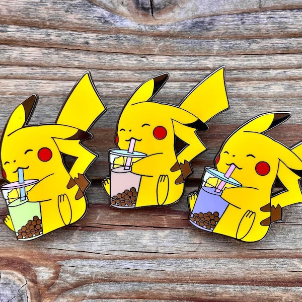 Pikachu Drinking Boba Milk Tea - Matcha -Taro - Pokemon Hard Enamel Pin