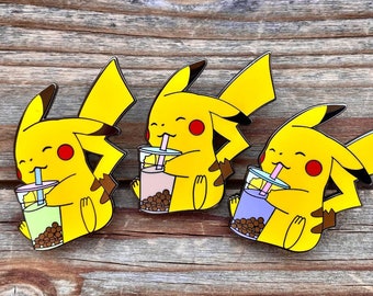 Pikachu Drinking Boba Milk Tea - Matcha -Taro - Pokemon Hard Enamel Pin