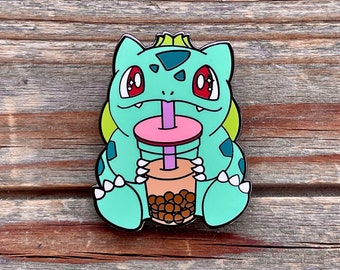 Bulbasaur Drinking Boba Milk Tea Bobasaur Pokemon Hard Enamel Pin