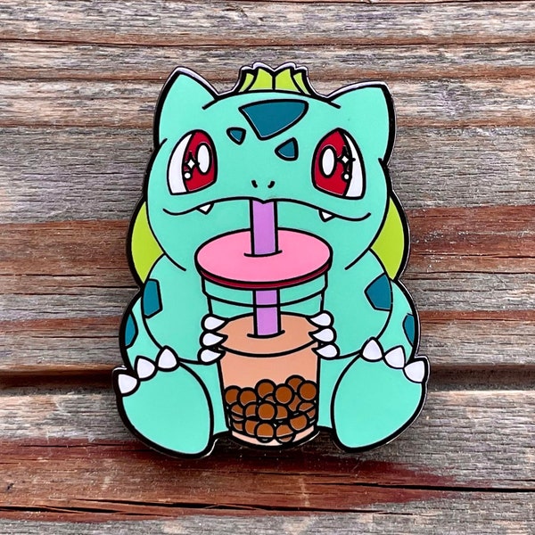 Bulbasaur Drinking Boba Milk Tea Bobasaur Pokemon Hard Enamel Pin