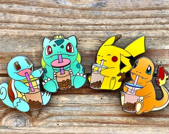 Pokemon Boba Friends Set of 4 - Charmander, Bulbasaur, Squirtle, Pikachu Drinking Boba Milk Tea- Pokemon Hard Enamel Pin