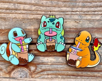 Pokemon Boba Friends Set of 3 - Charmander, Bulbasaur, Squirtle Drinking Boba Milk Tea- Pokemon Hard Enamel Pin