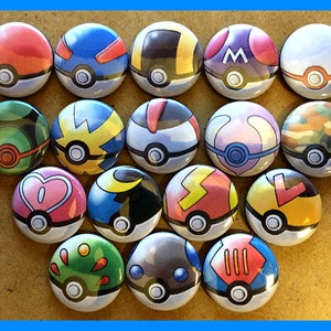 May include: A collection of 18 colorful Poke Ball buttons. Each button features a different design, including red, blue, green, yellow, and pink colors.