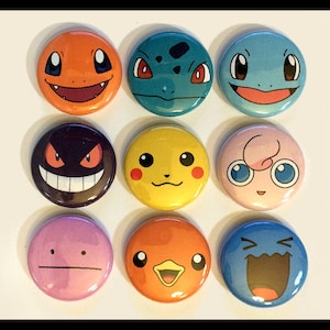 May include: Nine round buttons with different Pokemon characters on them. The characters include Pikachu, Squirtle, Bulbasaur, Charmander, Gengar, Jigglypuff, and more.