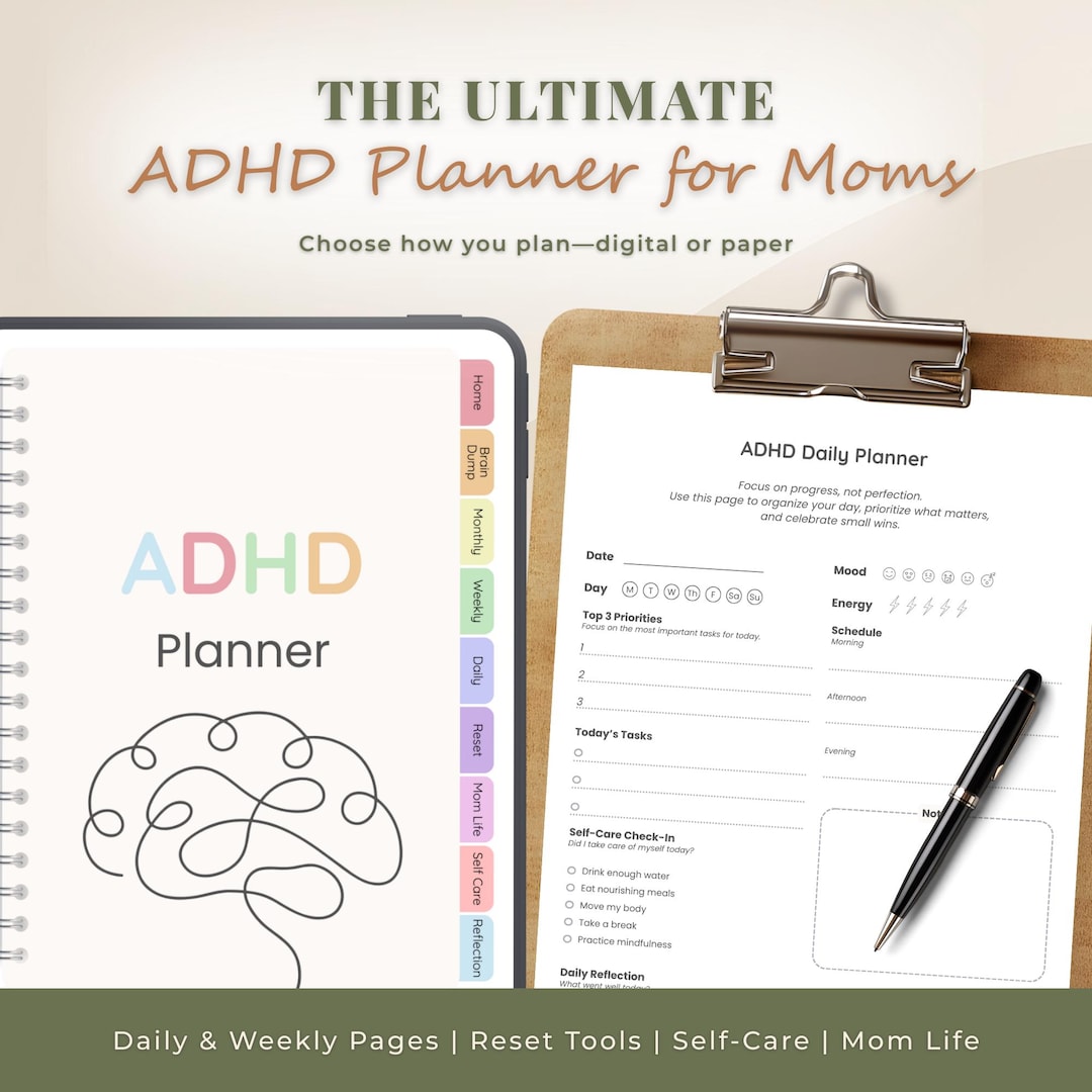ADHD Digital Planner for Moms, Printable Planner Bundle, Undated Daily ...