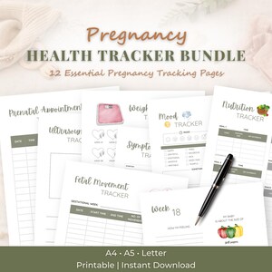 Puede incluir: Un paquete de seguimiento de salud durante el embarazo con 12 páginas imprimibles para citas prenatales, ecografías, peso, síntomas, estado de ánimo, movimientos fetales y nutrición, con un bolígrafo negro sobre las hojas.