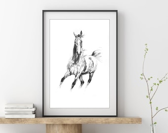 Equine art charcoal horse print, modern horse art, running horse decor for girls room, horse poster, equestrian drawing, minimalist art work