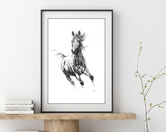 Contemporary charcoal horse art print, equestrian art gift for horse lover, running horse equestrian minimalist art work, girls room decor