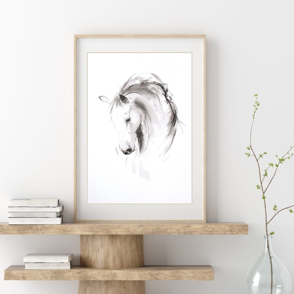 Impression d'art de cheval contemporaine - Cadeau d'art à l'encre d'art équin pour les amateurs de chevaux - Décoration d'intérieur moderne - Art animalier noir et blanc