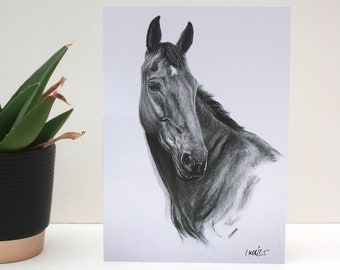 Charcoal horse portrait greetings card - Thank you card equine art decor - Equestrian art note card - Horse rider gift idea - A6 blank card