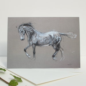 Décoration équine de carte d'art de cheval gris - Cadeaux équestres vierges à l'intérieur de la carte d'anniversaire - Carte de correspondance pour un ami - Dessin au fusain et à la craie de cavalier