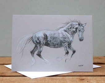 Grey horse greetings card - Equestrian art gift - Blank inside birthday card - Note card for friend - Equine art charcoal & chalk drawing