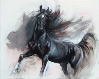 Black horse art original painting, equine art contemporary canvas, modern equestrian decor, running horse wall art, country home horse lover