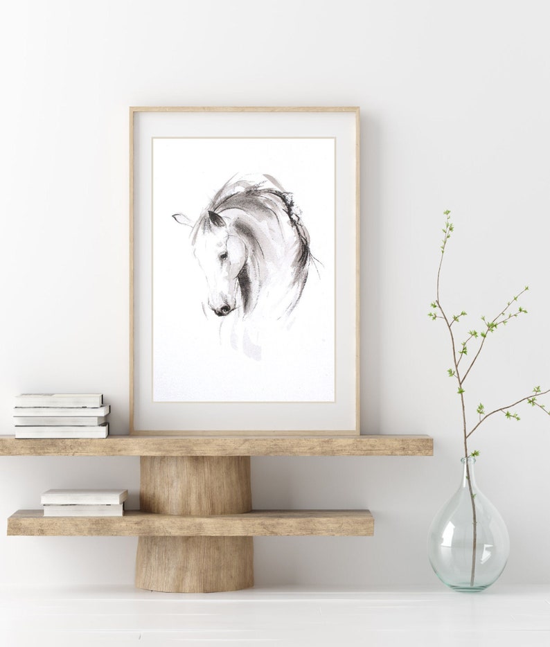 Contemporary horse art print Equine art ink art gift for horse lover Modern home decor Black and white animal art image 1