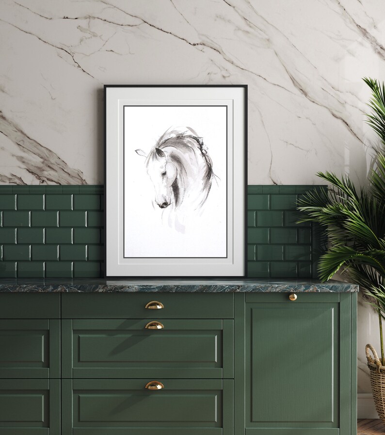 Contemporary horse art print Equine art ink art gift for horse lover Modern home decor Black and white animal art image 5