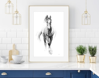 Contemporary charcoal horse art print, equestrian art gift for horse lover, black and white modern home decor, different sizes available