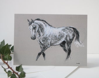 Grey horse art birthday card - Equestrian art thank you card - Card for friend - Blank inside note card - Equine decor post card