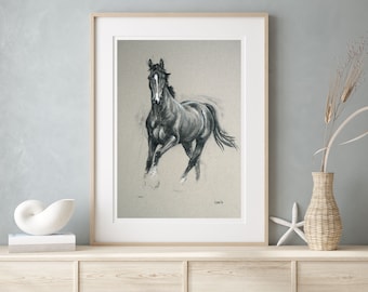 Equine art print horse lover gift - Black and white horse wall art limited edition 'Alert' - Charcoal & chalk unique gift