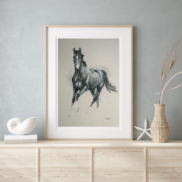 Cadeau pour amateur de chevaux avec impression d'art équin - Art mural cheval noir et blanc en édition limitée « Alerte » - Cadeau unique au fusain et à la craie