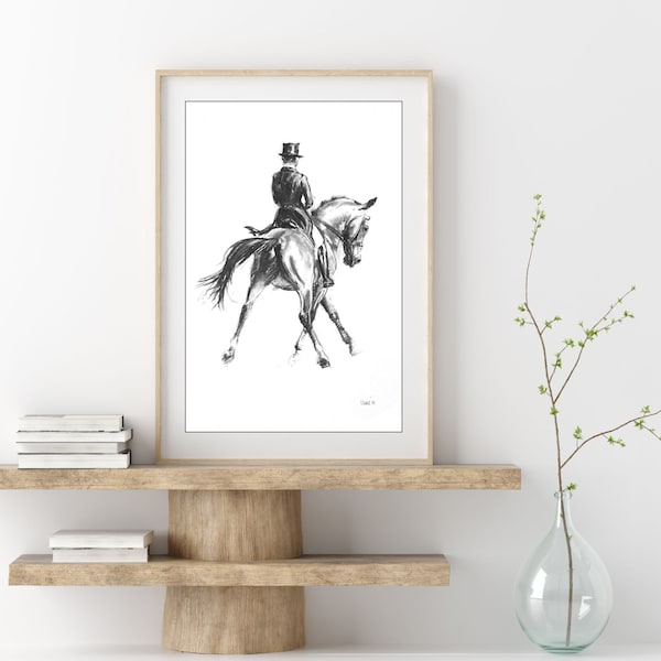 Impression d'art de dressage déco cheval - Croquis au fusain noir et blanc - Cadeau de dressage d'art mural cheval - Art équin demi-passe - Cadeau pour amoureux des chevaux