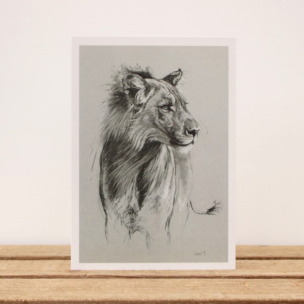 Lion art card - Wildlife art nature lover gift - Charcoal animal drawing blank inside - Birthday/thank you card - Contemporary animal art