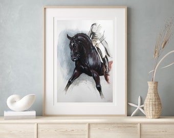 Horse painting print dressage art - Equine art for living room - Mixed media horse lover print 'Push' - Horse wall art equine home decor