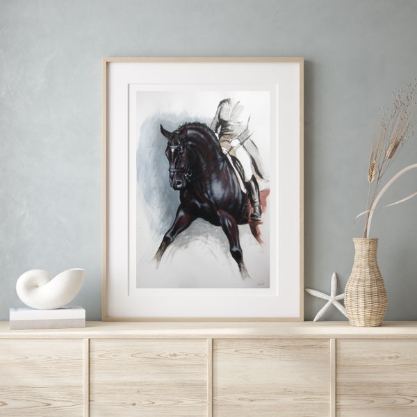 Horse painting print dressage art - Equine art for living room - Mixed media horse lover print 'Push' - Horse wall art equine home decor