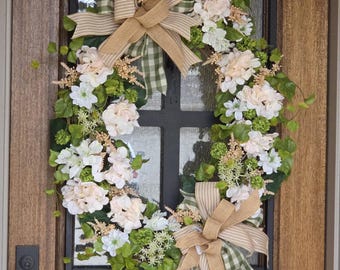Large Oval Hydrangea Wreath | Peach, White Florals, Greenery, Farmhouse Door Swag