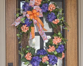 Custom Oval Spring Wreath | Oval Door Wreath | Front Door Decor | Purple Hydrangea Door Decor
