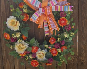 Custom Spring Wreath | Bright Floral Garden Door Hanger, Summer Blooms Decor