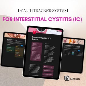 May include: Three black tablets displaying a health tracker system for interstitial cystitis (IC). The tablets show the text "Health Tracker System" and "For Interstitial Cystitis (IC)". The screens display "Cycle Overview Log" and "Medications & Supplements Log". The Notion logo is in the bottom right.