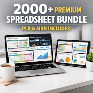 May include: A laptop and tablet displaying spreadsheet data, with the text "2000+ PREMIUM SPREADSHEET BUNDLE PLR & MRR INCLUDED." The laptop shows a budget planner, business dashboard, and habit tracker. The tablet displays a weekly schedule, savings tracker, income & expense report, and report.