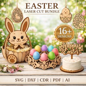Könnte beinhalten: Oster-Themen-Laser-Cut-Bundle aus Holz mit einem Hasenkorb, Eierhaltern mit bunten Eiern, dekorativen Hängeornamenten und einem Tortenaufsatz. Das Bild enthält den Text "EASTER LASER CUT BUNDLE" und "16+ DESIGNS".