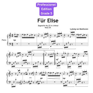 Könnte beinhalten: Noten für Klavier von "Für Elise" von Ludwig van Beethoven. Die Noten enthalten musikalische Notationen, Dynamikangaben und Fingernummern. Der Titel ist in großer Schrift, darüber steht "Professionel Edition Grade 5".