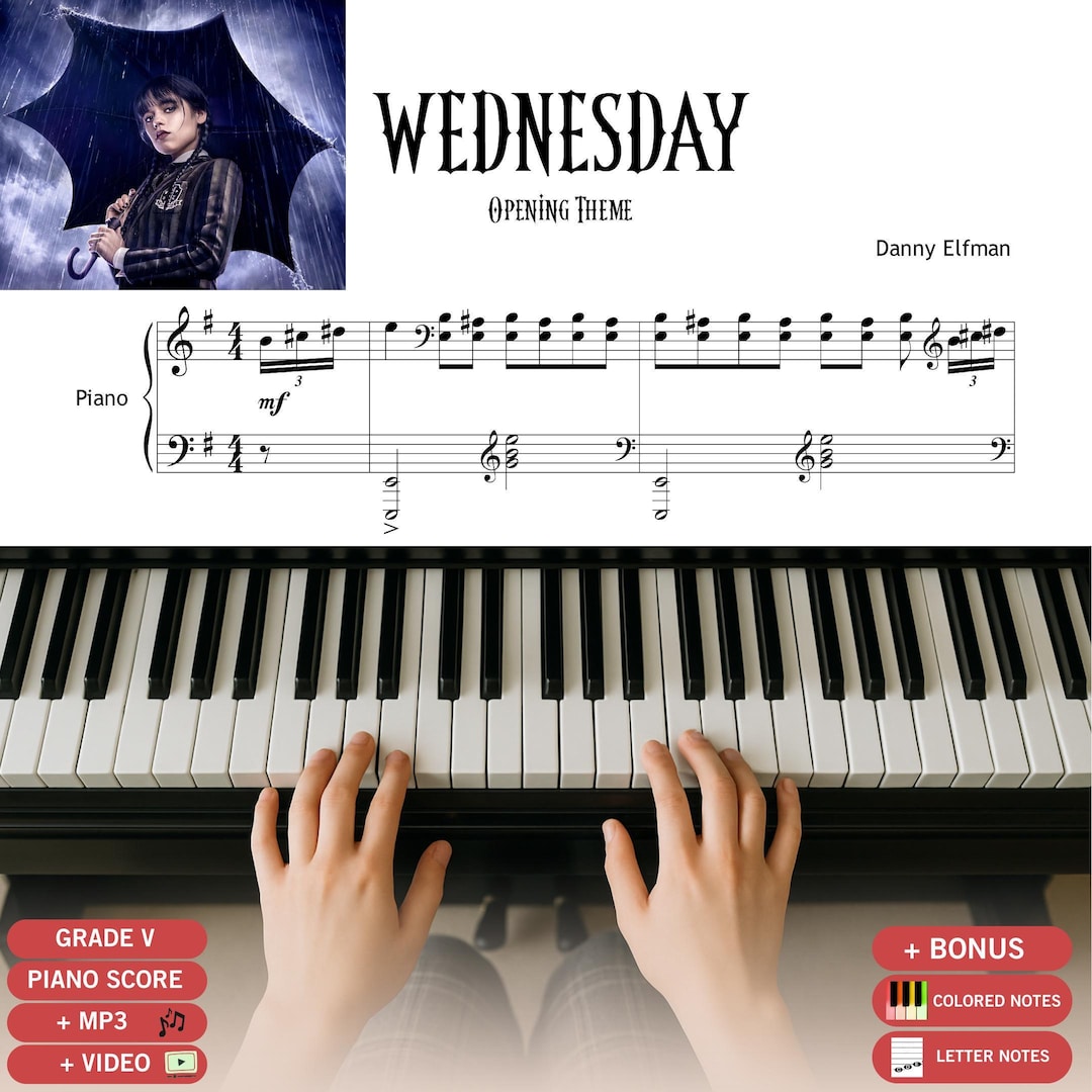 Wednesday Theme Piano Sheet Music, Danny Elfman (grade 4-5, Color Coded ...