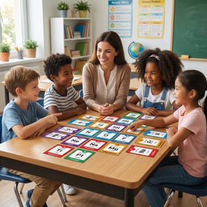 Op de afbeelding: Kinderen en een lerares zitten rond een houten tafel en spelen met kleurrijke periodieke systeemkaarten. De kaarten tonen elementsymbolen en atoomnummers, gerangschikt op de tafel.