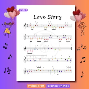 Peut inclure: Une partition imprimable intitulée Love Story, Grade 0, présentant une notation musicale avec des notes et des chiffres colorés. La page est décorée d'illustrations d'un enfant, d'un bonhomme allumette et de ballons en forme de cœur rose et rouge.