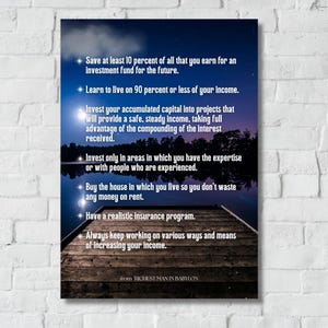 May include: A poster with a night scene featuring a wooden dock extending into a lake under a starry sky. The poster includes financial advice in white text, such as "Save at least 10 percent of all that you earn..." and "from RICHEST MAN IN BABYLON."