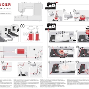 Puede incluir: Diagrama de una máquina de coser Singer con instrucciones para enhebrar la máquina y bobinar la canilla. La imagen muestra la máquina, carretes de hilo rojo e instrucciones paso a paso. El logotipo de Singer y "ORIGINAL SINCE 1851" se muestran.