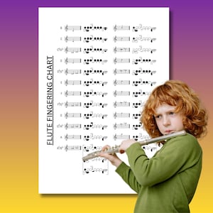 Può includere: Un bambino con i capelli rossi suona un flauto d'argento, con un "FLUTE FINGERING CHART" sullo sfondo. Il grafico mostra note musicali e diteggiature per il flauto, utile per imparare lo strumento.